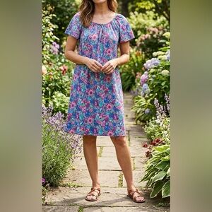 Floral Flutter Sleeve Shift Dress Magenta Blue Teal Garden Print Size Medium.